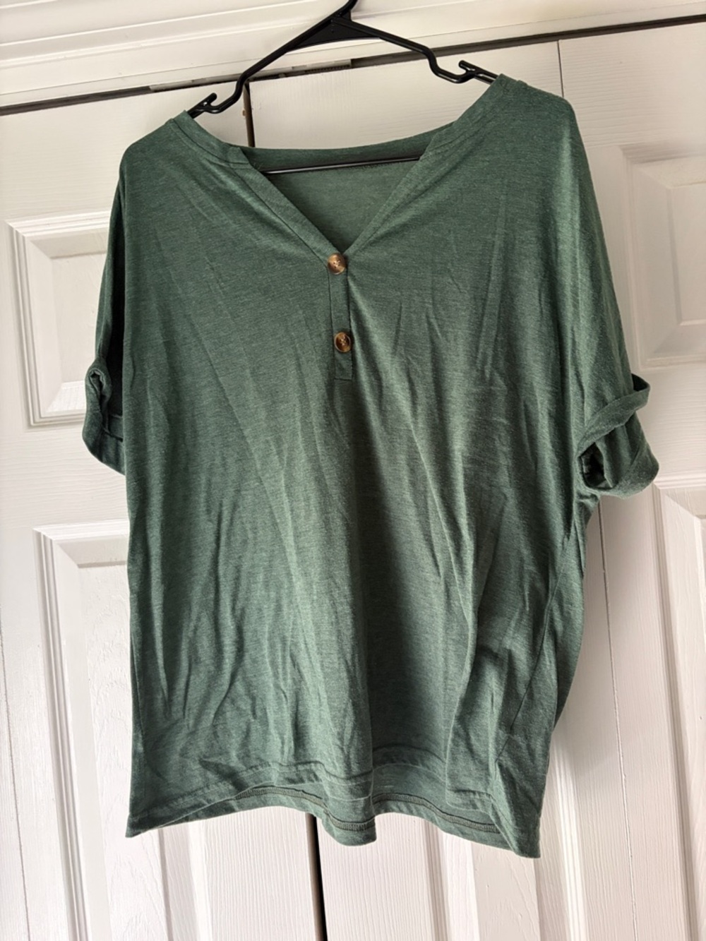 Relaxed Short-Sleeve V-Neck Top with Button Detail in Green